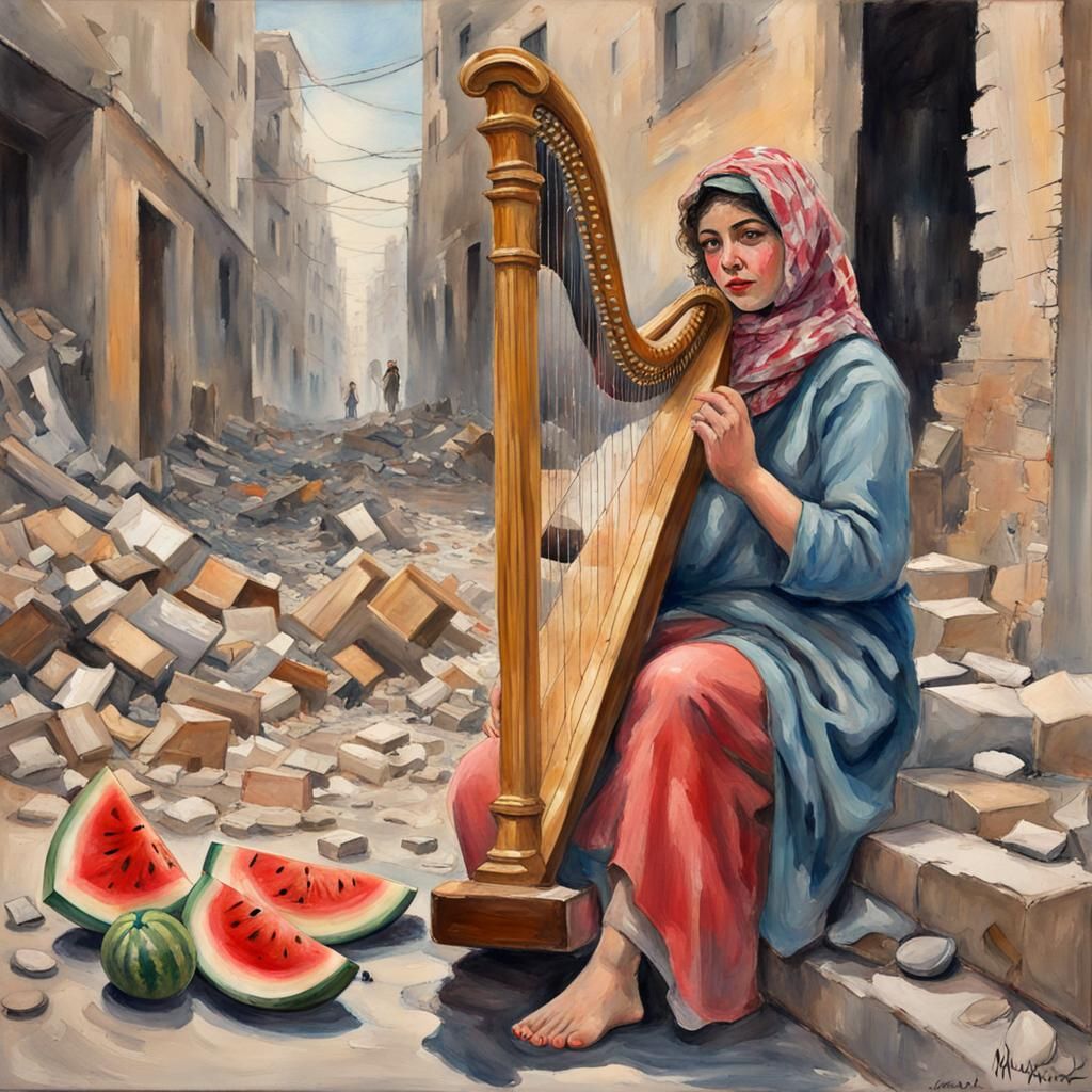 Playing harp in bombed Palestine