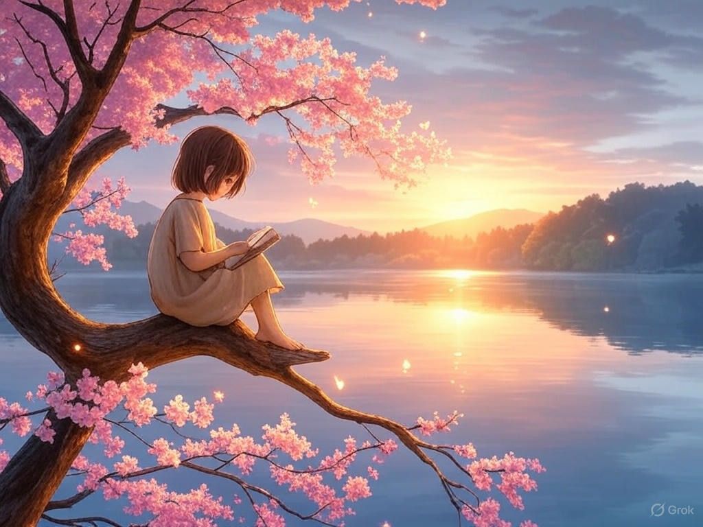 Inspired by Studio Ghibli (Kazuo Oga) (Lush, Magical, Watercolor)Image Prompt:“A serene, Ghibli-inspired scene of a youn...