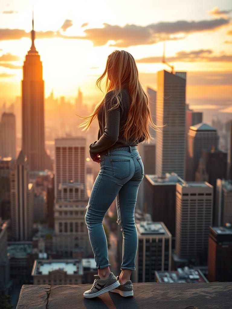 A woman sits on a motorcycle on a square in front of a metropolis - Start Image 1