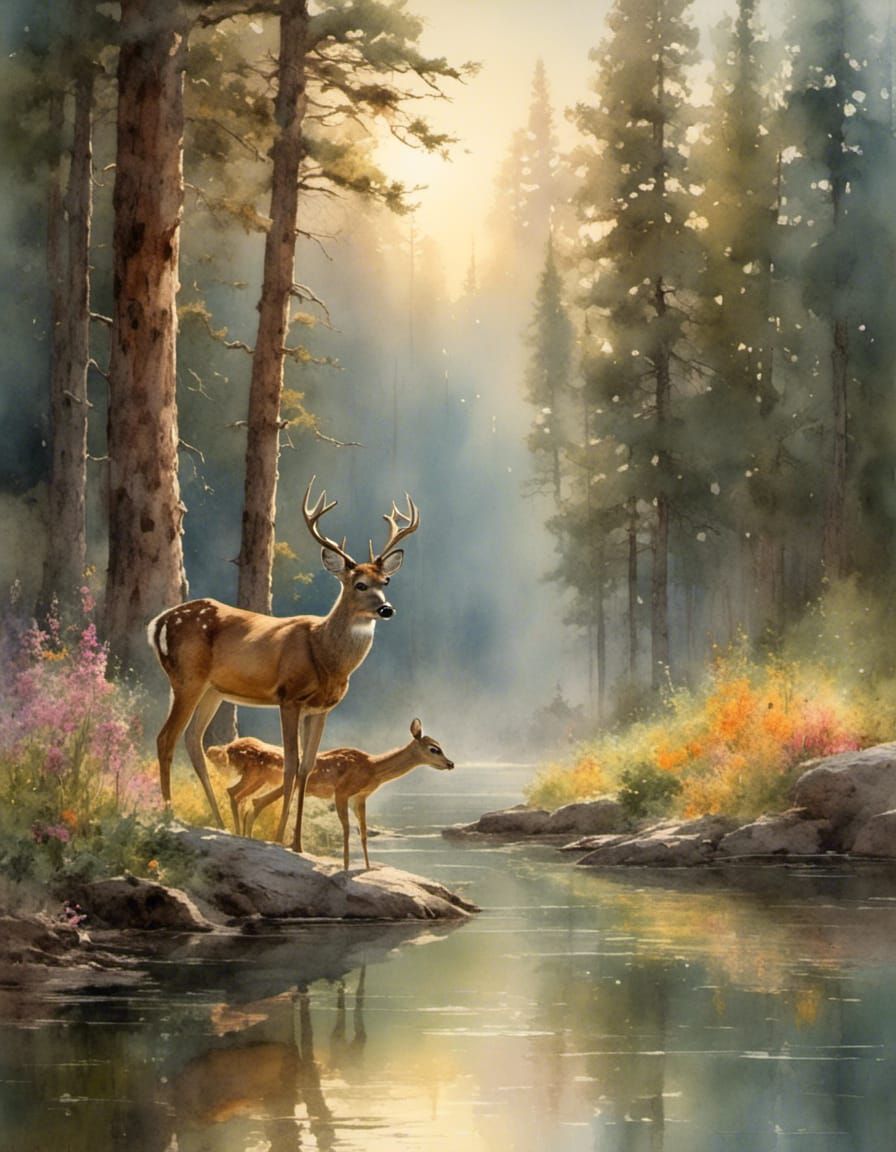 Mountain scene, with pines and a lazy river with wildflowers...