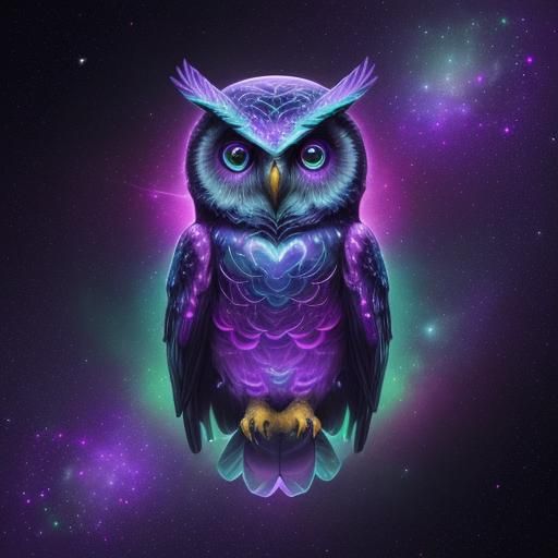 Glowing Cosmic Purple Green Owl
