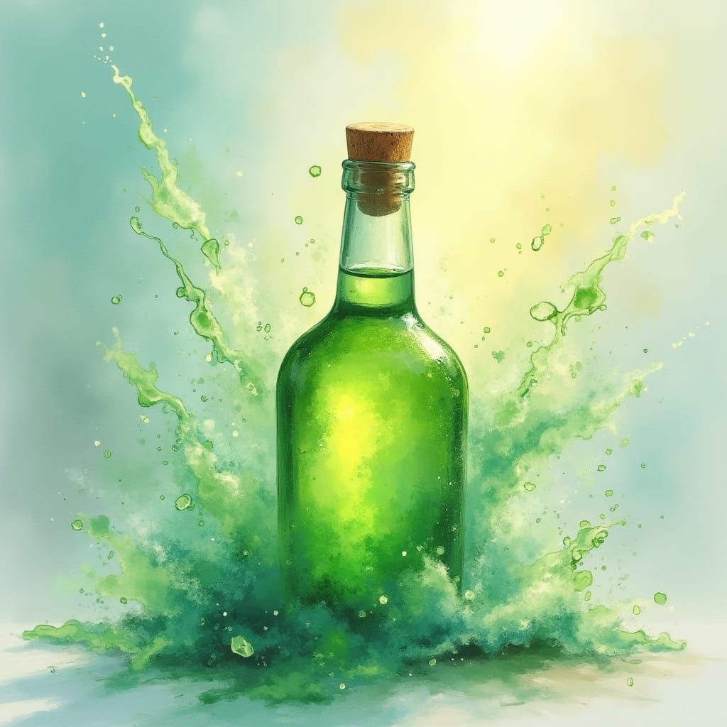 Exploding bottle of green rum watercolor 