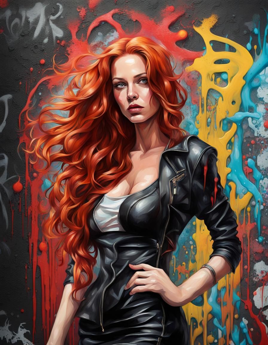 Gorgeous Woman, with long wavy red hair, a black leather dre...