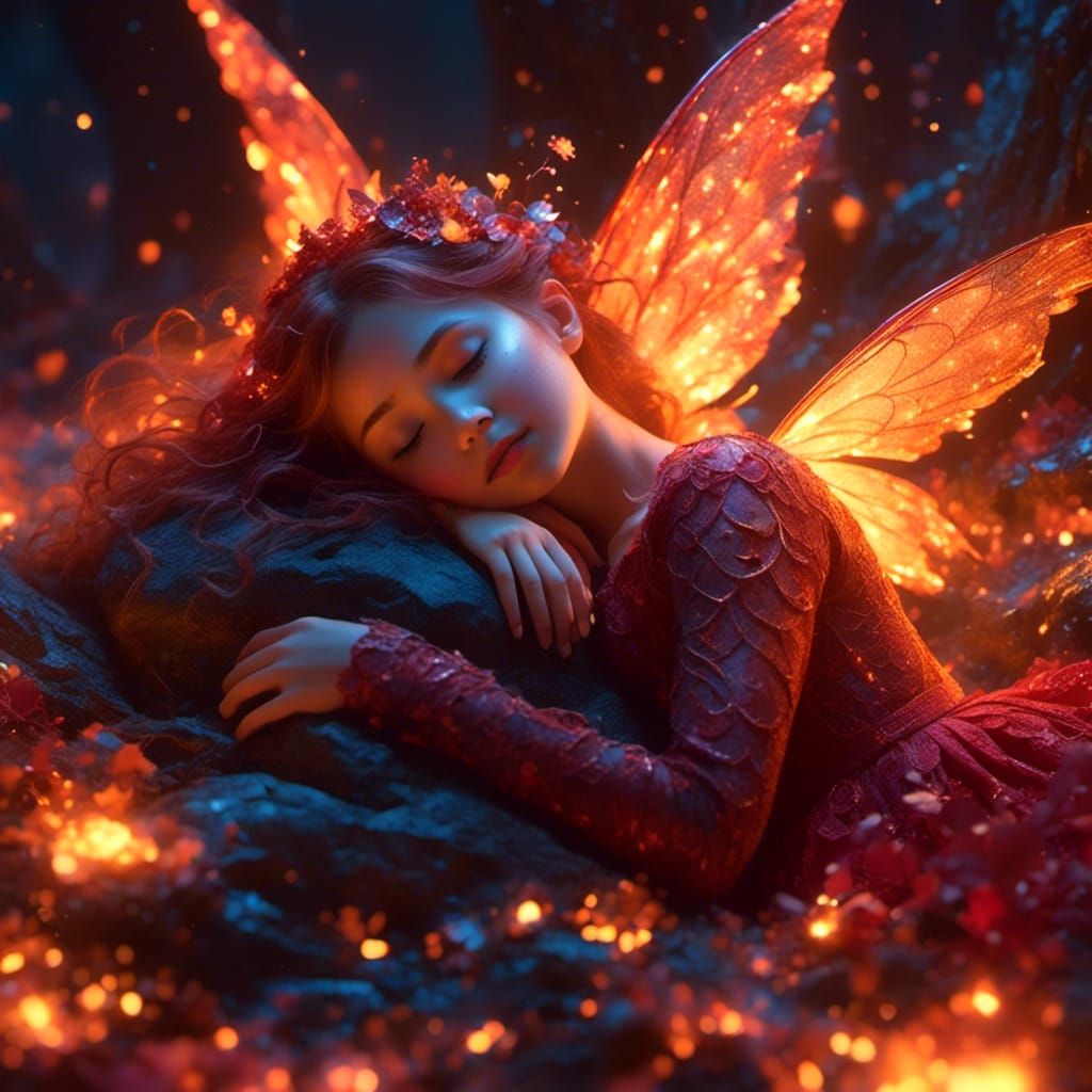 <lora:naturx smile:1.0>Cute fire fairy sleeping on glowing coals! Flames! Glowing fire! detailed matte painting, deep color, fantastical, in...