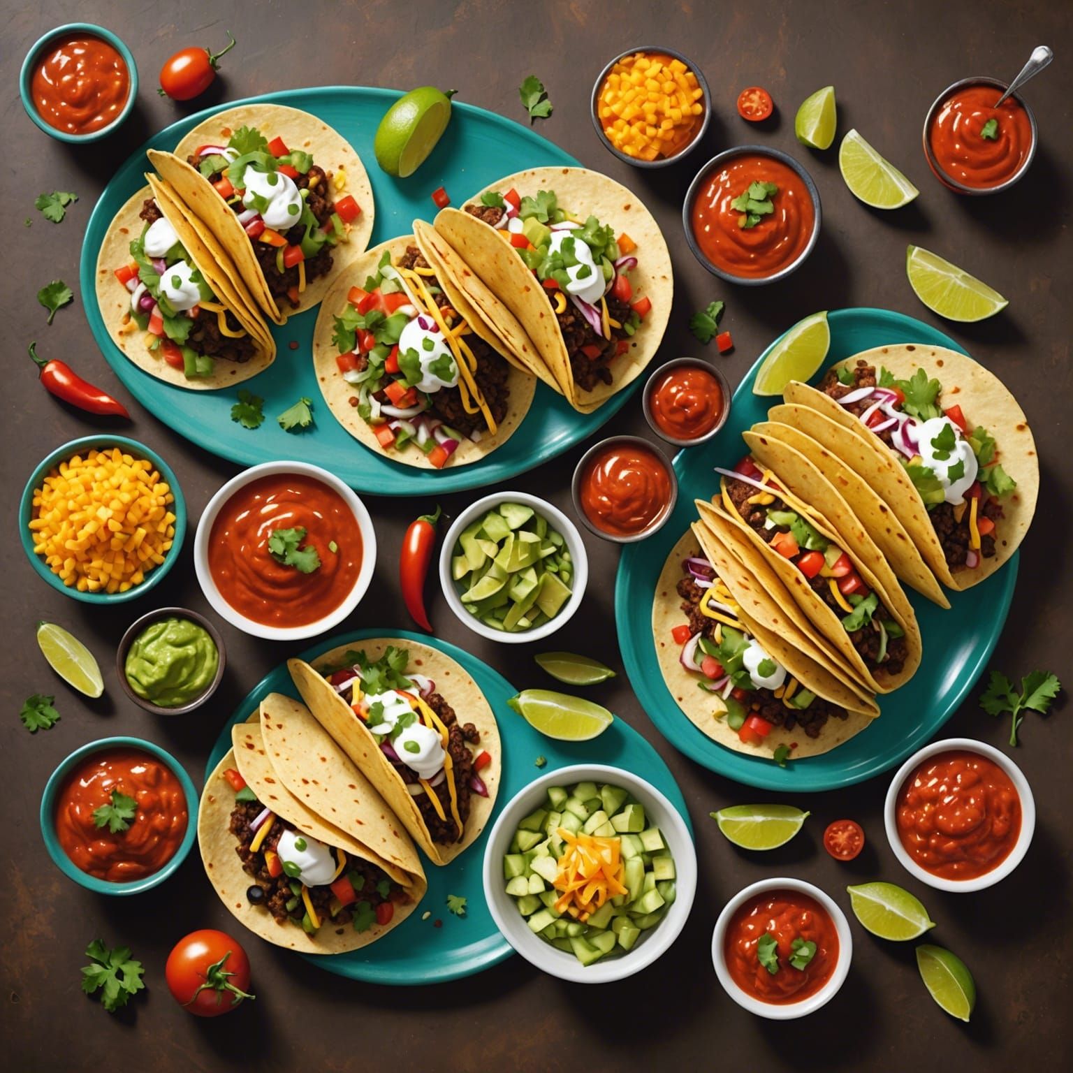 Mouthwatering taco illustrations, topped with fresh ingredie...