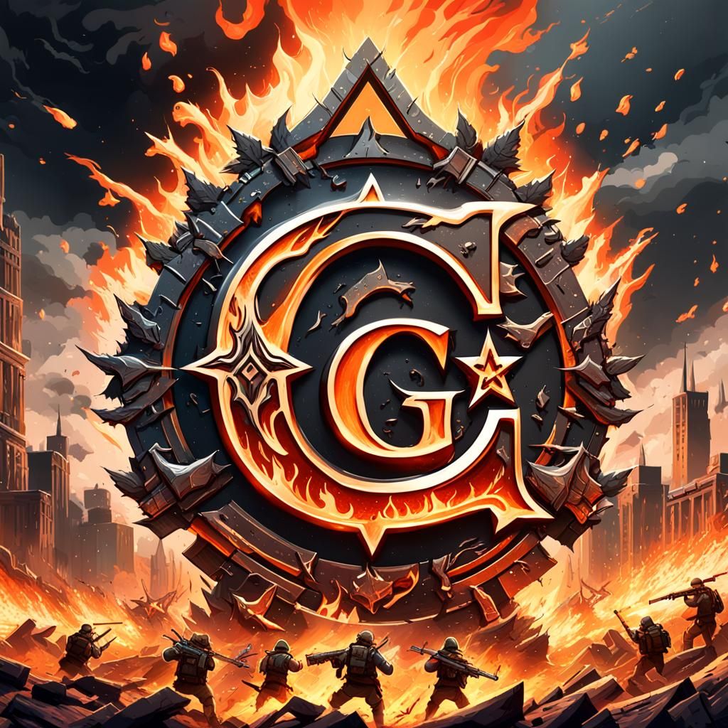A logo with the letters C G covered in fire and a battle rag...