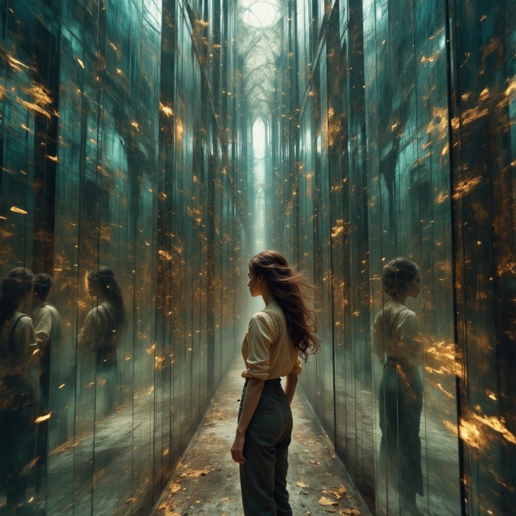 Woman in Mirrored Room with Spectral Reflections