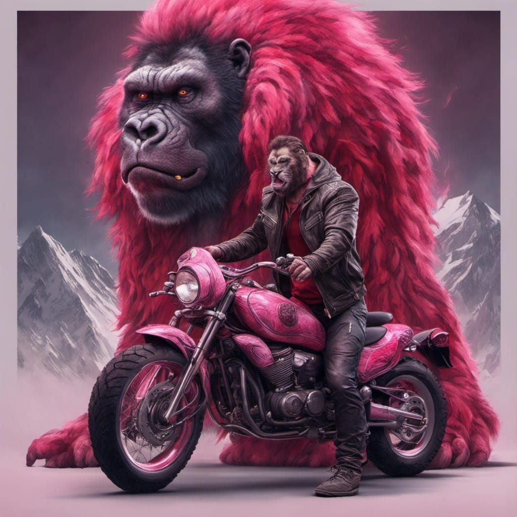 Muscular gorilla with motorcycle jacket vs a muscular lion w...