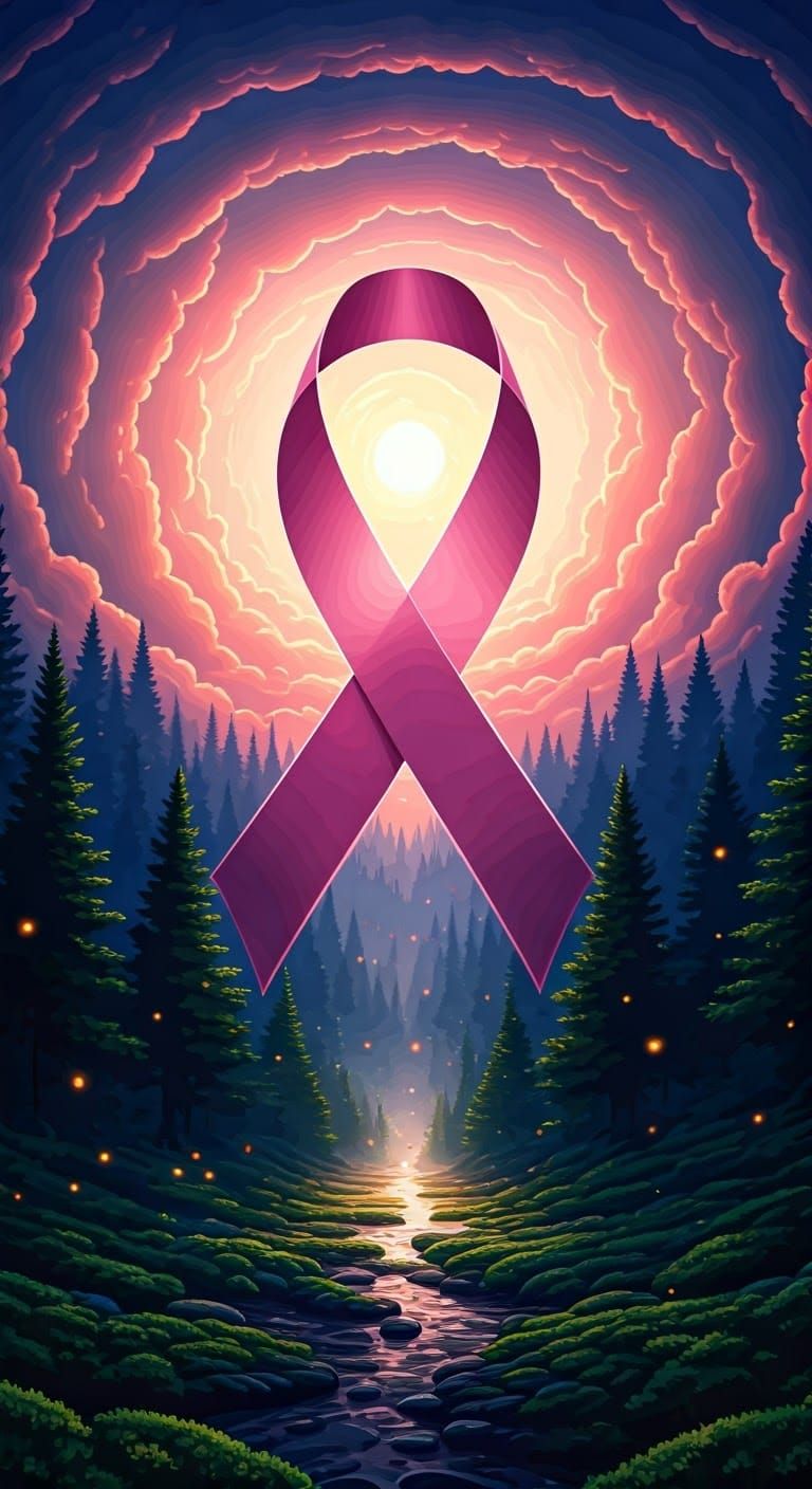 Giant Breast Cancer Awareness Ribbon in the middle of a beautiful enchanting magical fireflies forest surrounded by swirling twisted soft cl...