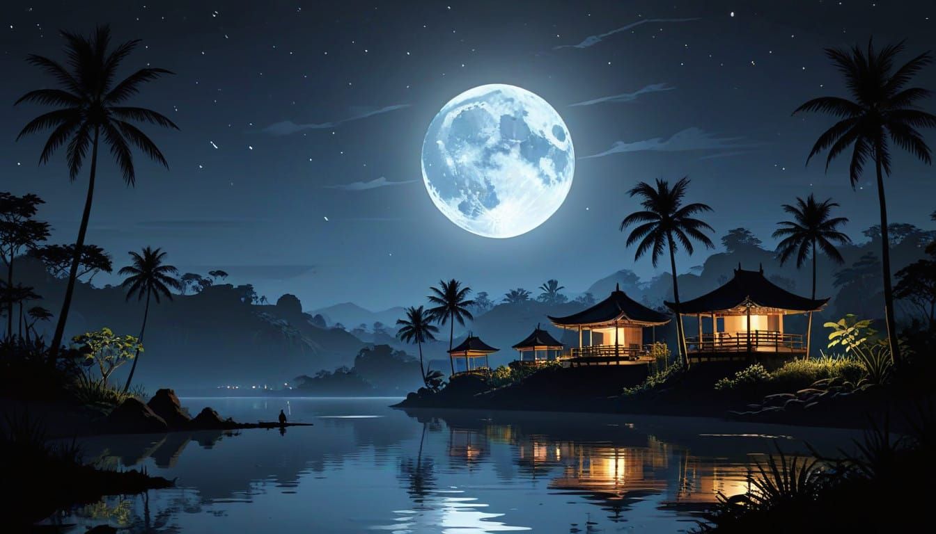 Balinese landscape moonlight, flat ultra minimalist image, 2d vector graphics.  by @Athanasius