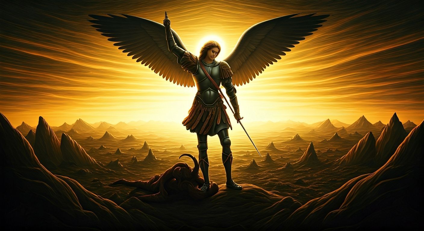 Archangel Michael defeats Satan.  Belgium, ligne clair, René Magritte, Paul Delvaux, Pieter Bruegel the Elder