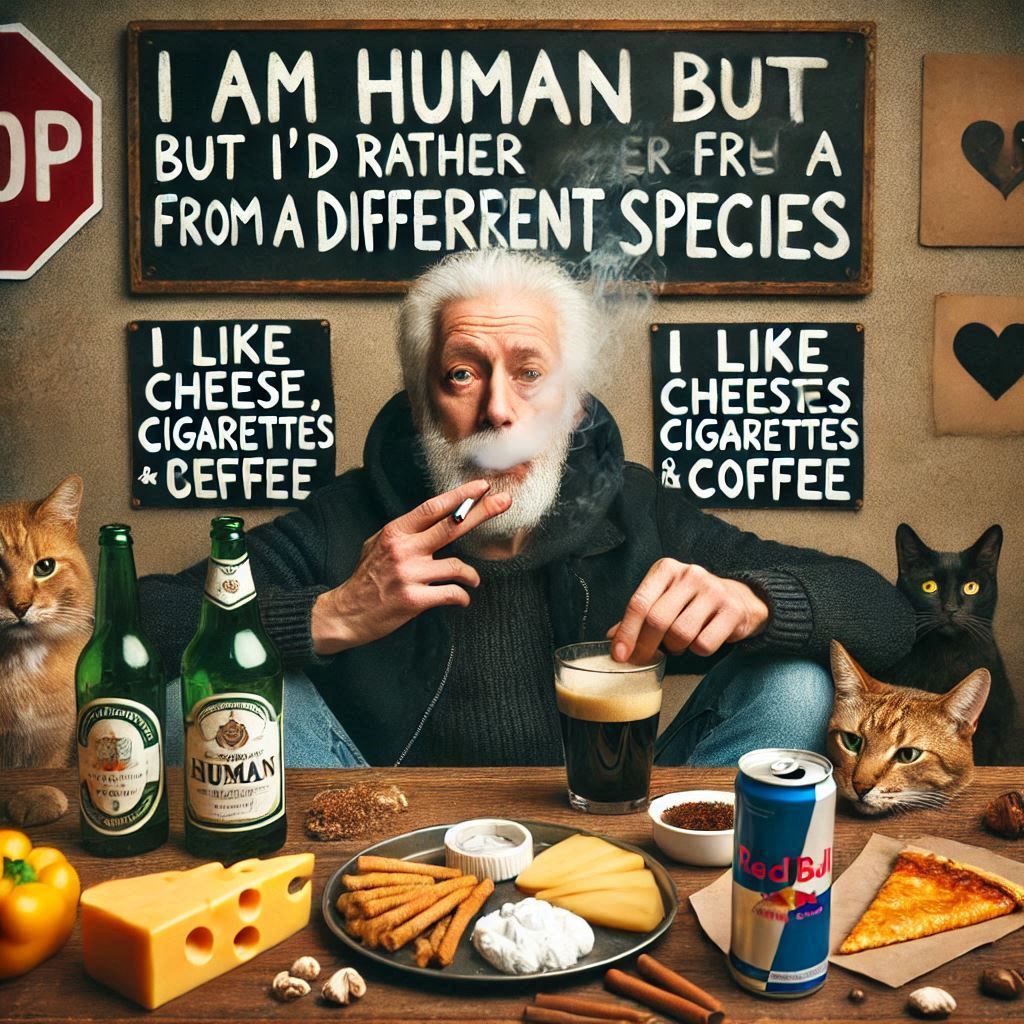 I am Human but I'd rather be from a different species. I like cheese, cigarettes, beer and coffee. I love animals