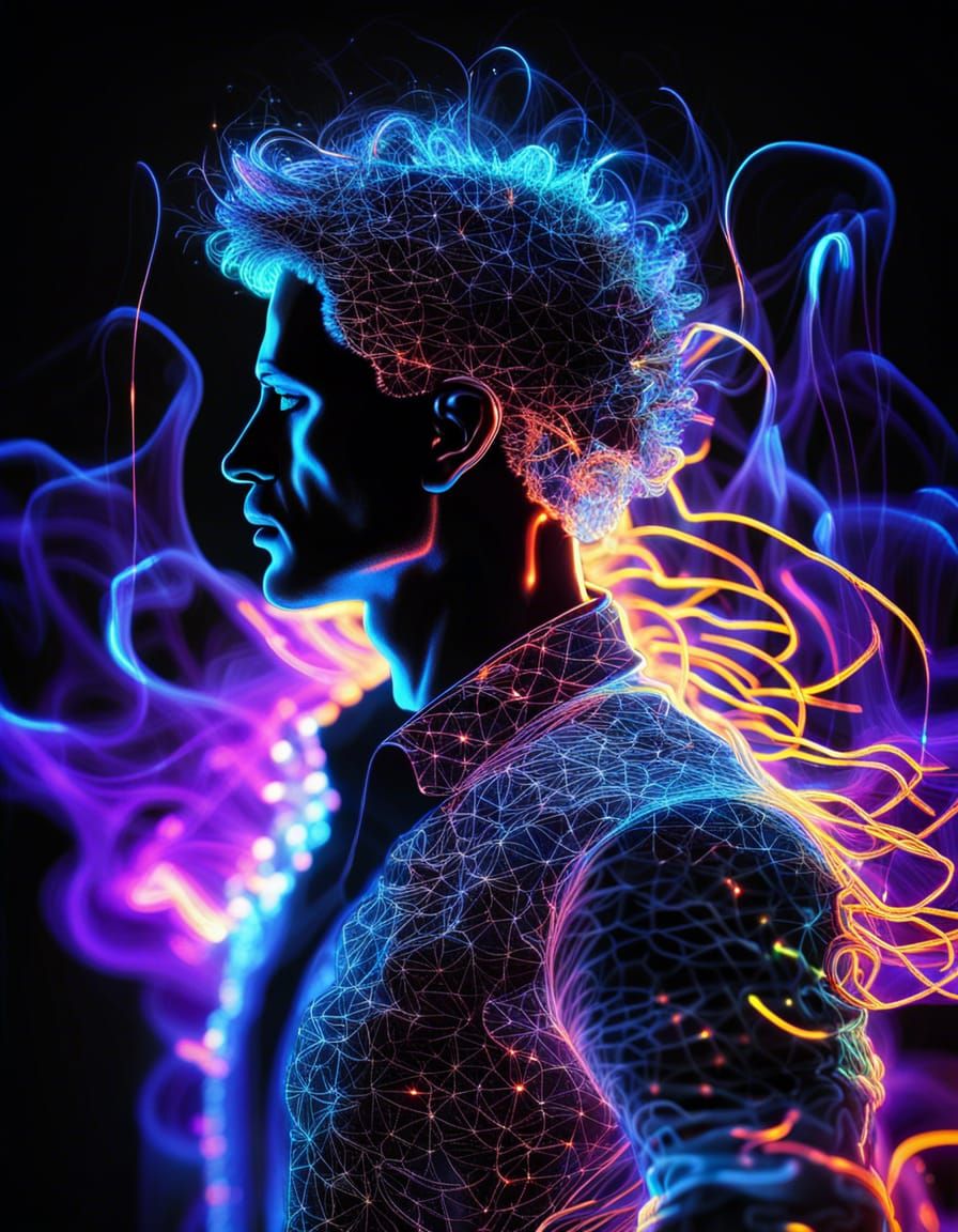 Man dancing hip hot neon fluorescent, iridescent, wireframe, ethereal ...