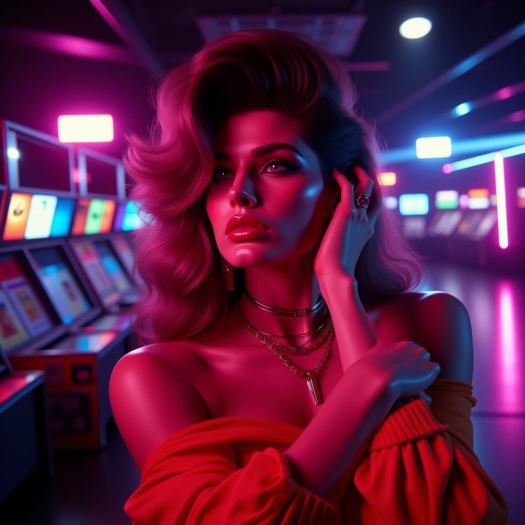  <lora:Flux 80s Supermodel:1.0> female model wearing neon, 1980s model style, in a photo shoot in an arcade, dynamic lighting 