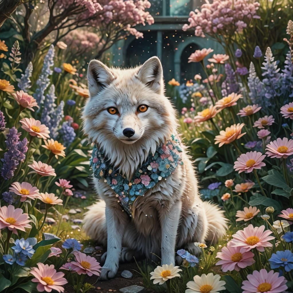 Arctic Fox in Garden, Cinematic Pastel Art