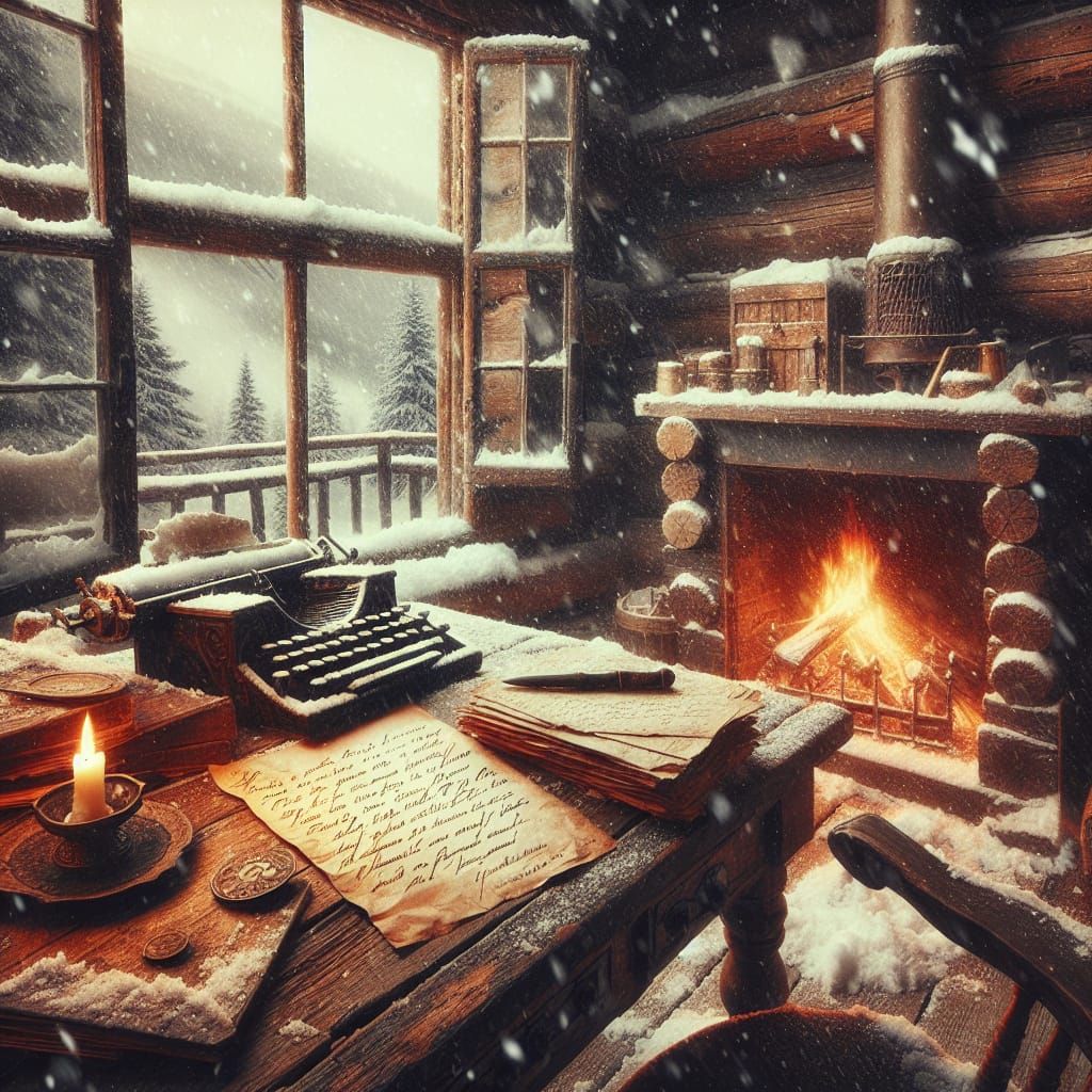 An image of an old letter from a first love on a worn desk in a small cozy cabin with a fire in the fireplace and heavy snowfall falling out...
