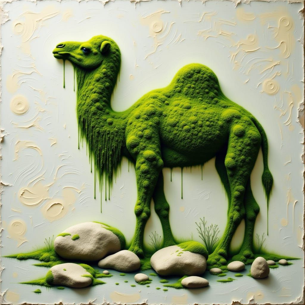 <lora:cryptogam:1.0> camel figure made from moss and mossy stones. drawing liquid oil paint on water surface. uneven rough strokes, mixed te...