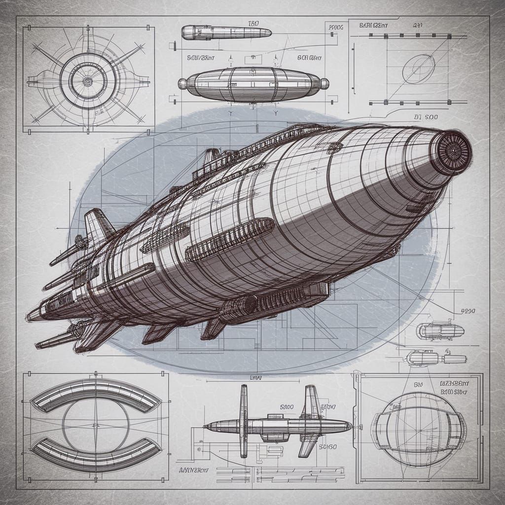 A Leonardo de Vinci style sketch of a spaceship, blueprints, measurements, detailed