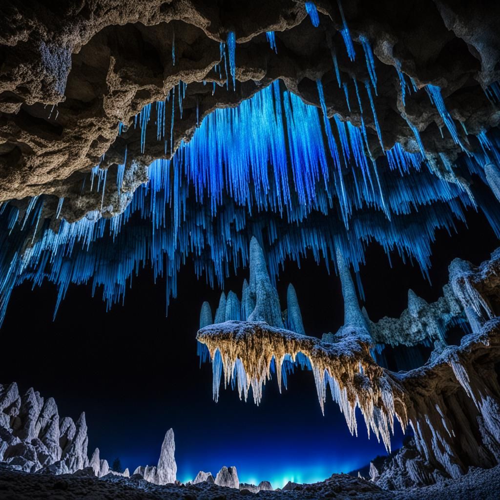 Underground Cave with Blue Aurora and Upside-Down Landscape