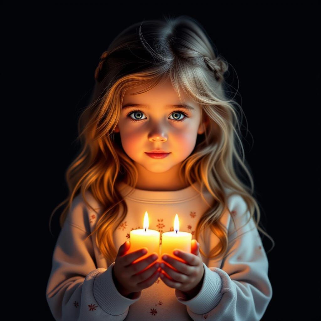 Girl Holding Candles in Darkness, Rembrandt Style