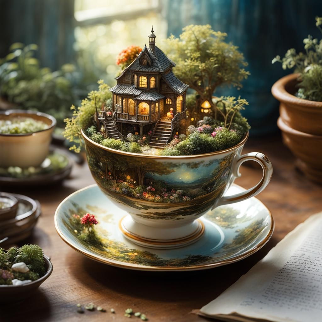 Intricate Fairy Garden Teacup in Watercolor
