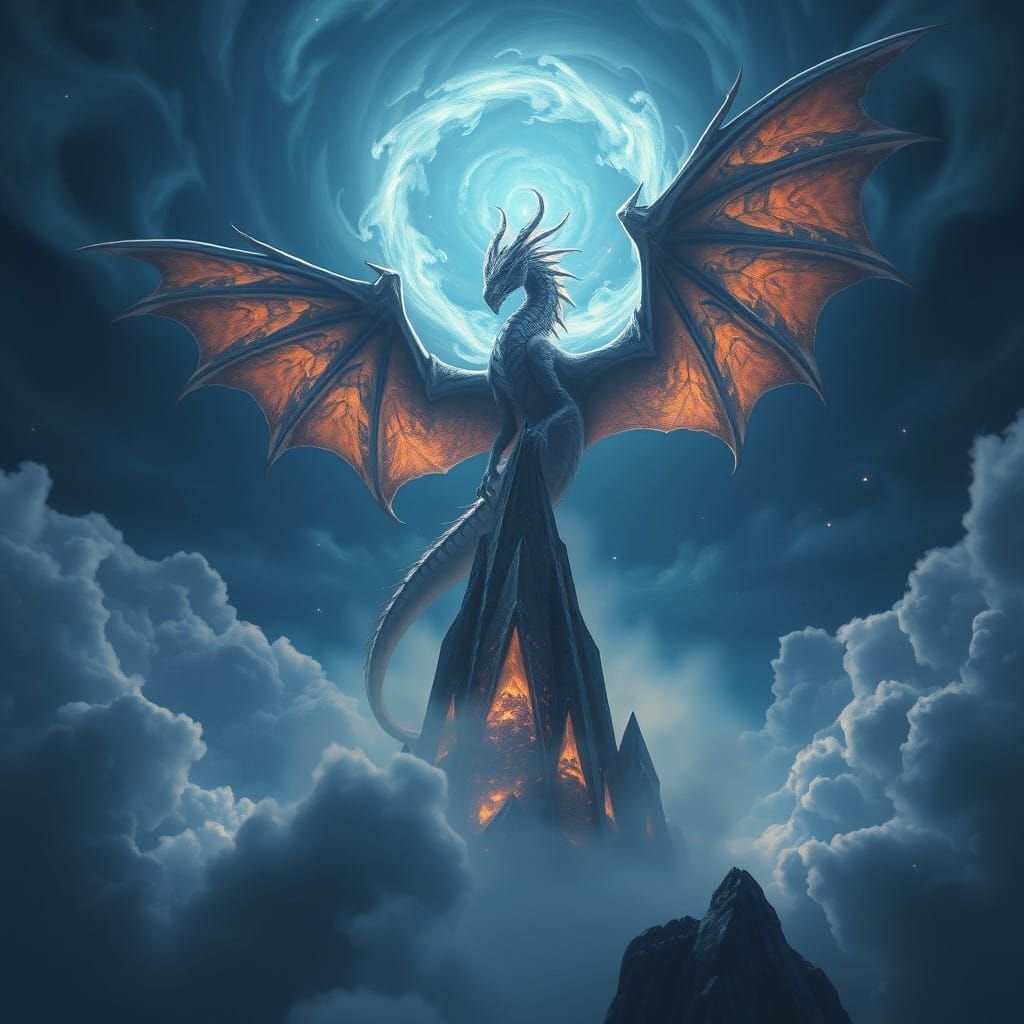 Mystical Dragon Soars Amidst Iridescent Clouds