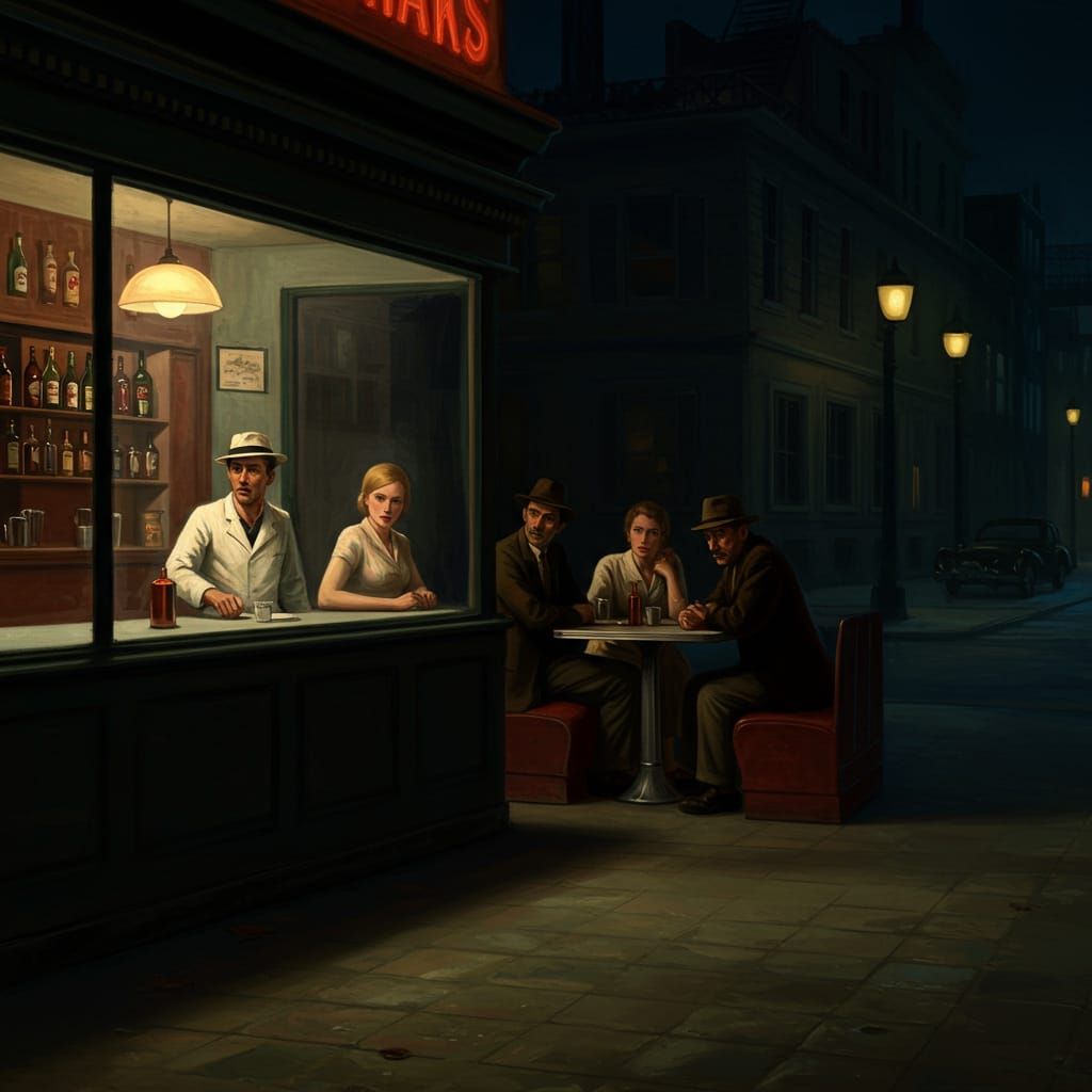 Edward Hopper's Nighthawk Bar painting in the style of Caravaggio