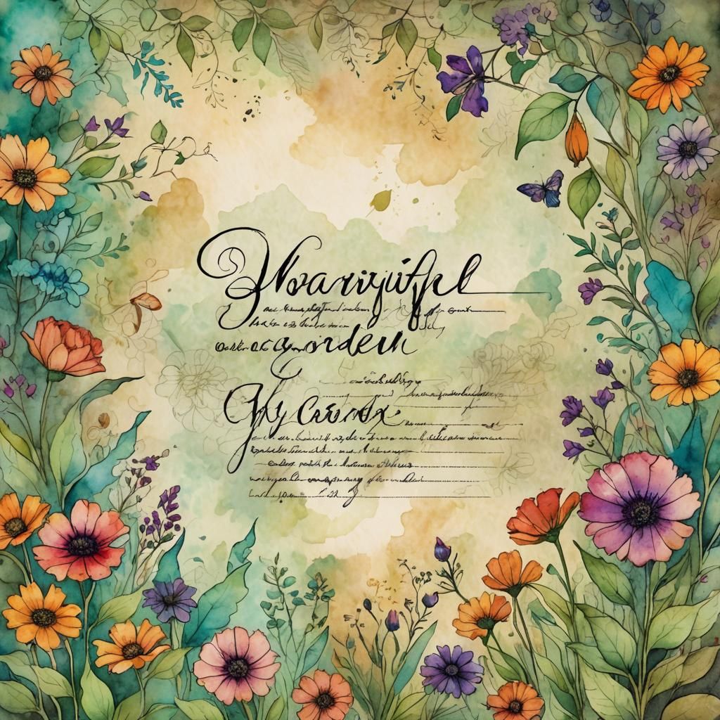 letterhead Handwritten Text: "My Beautiful Garden." Watercolor alcohol ink ,grunge, scratched surface, Vintage parchment paper. 
