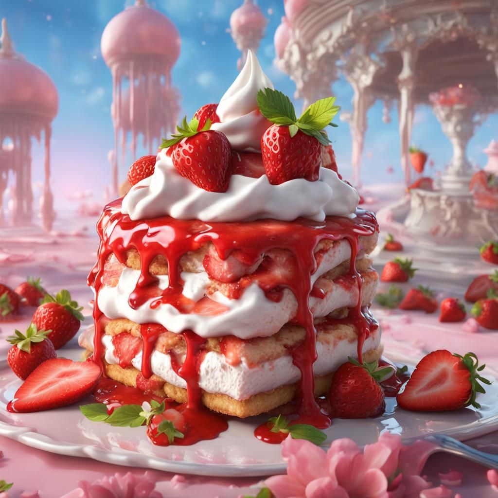 A delicious strawberry shortcake dessert topped with Ron's of whipped cream and delicious dripping strawberries, ...  by @Maui kinepela