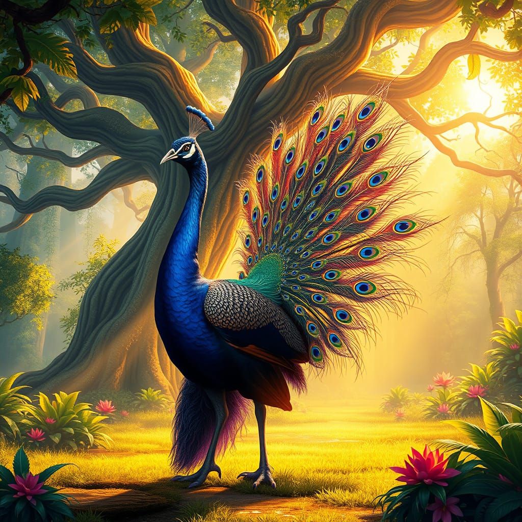 Majestic Peacock in Sun-Dappled Forest