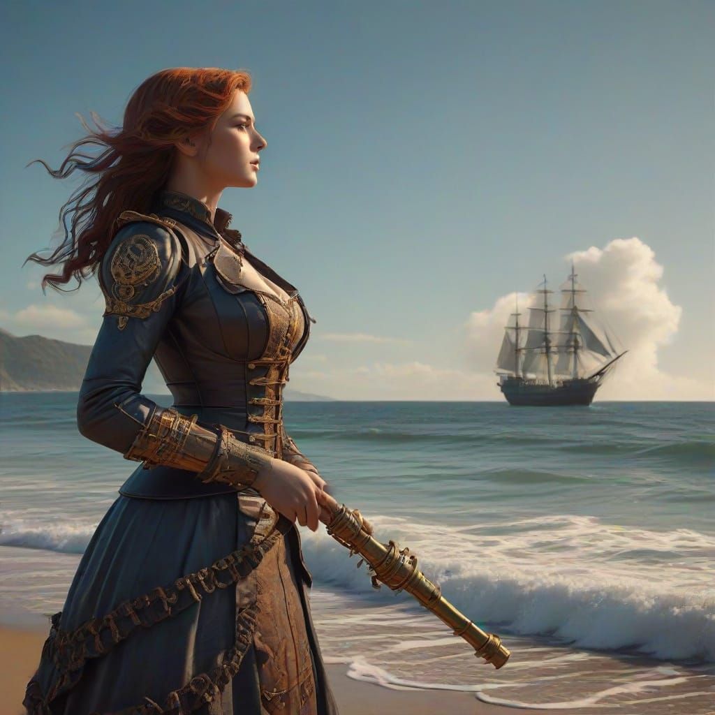 Steampunk Woman with Spyglass on Beach Watching Whale