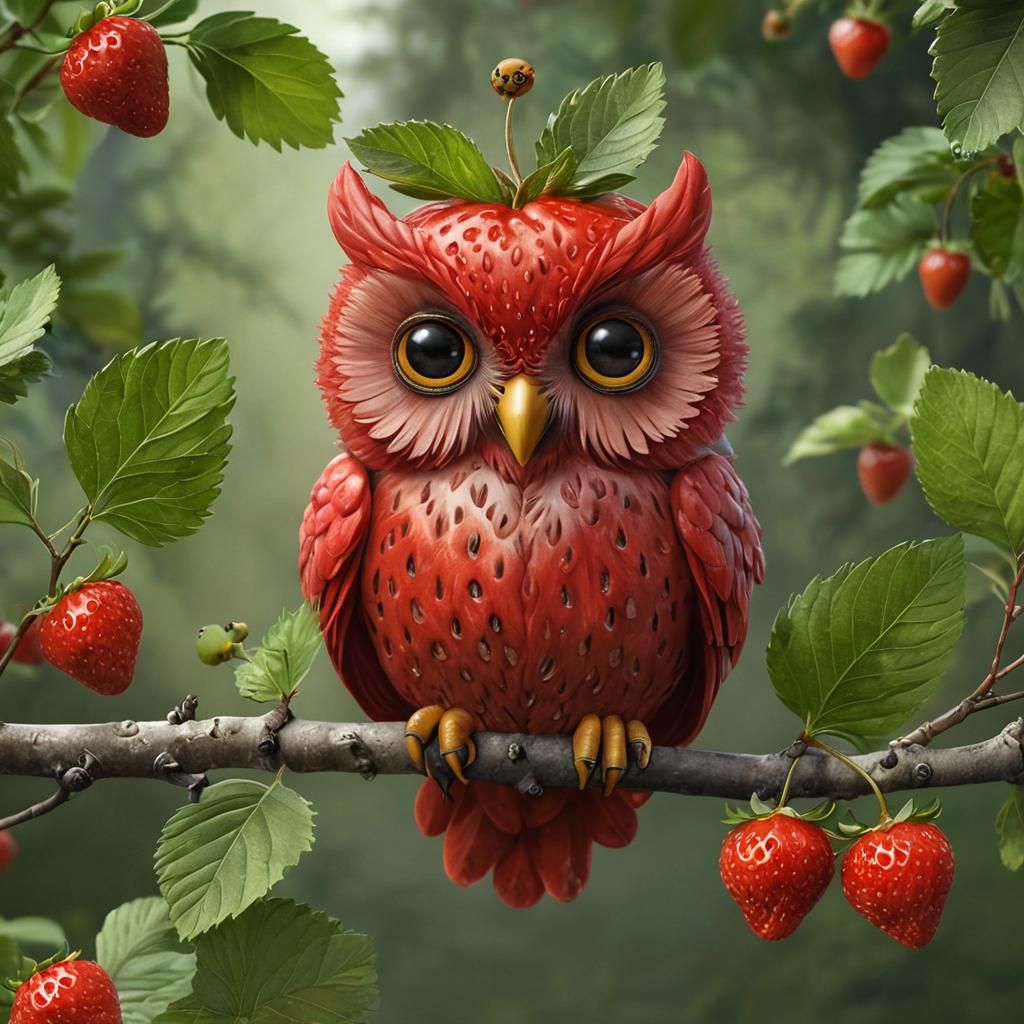 A strawberry owl with berry wings, leafy eyebrows, and a small beak ...