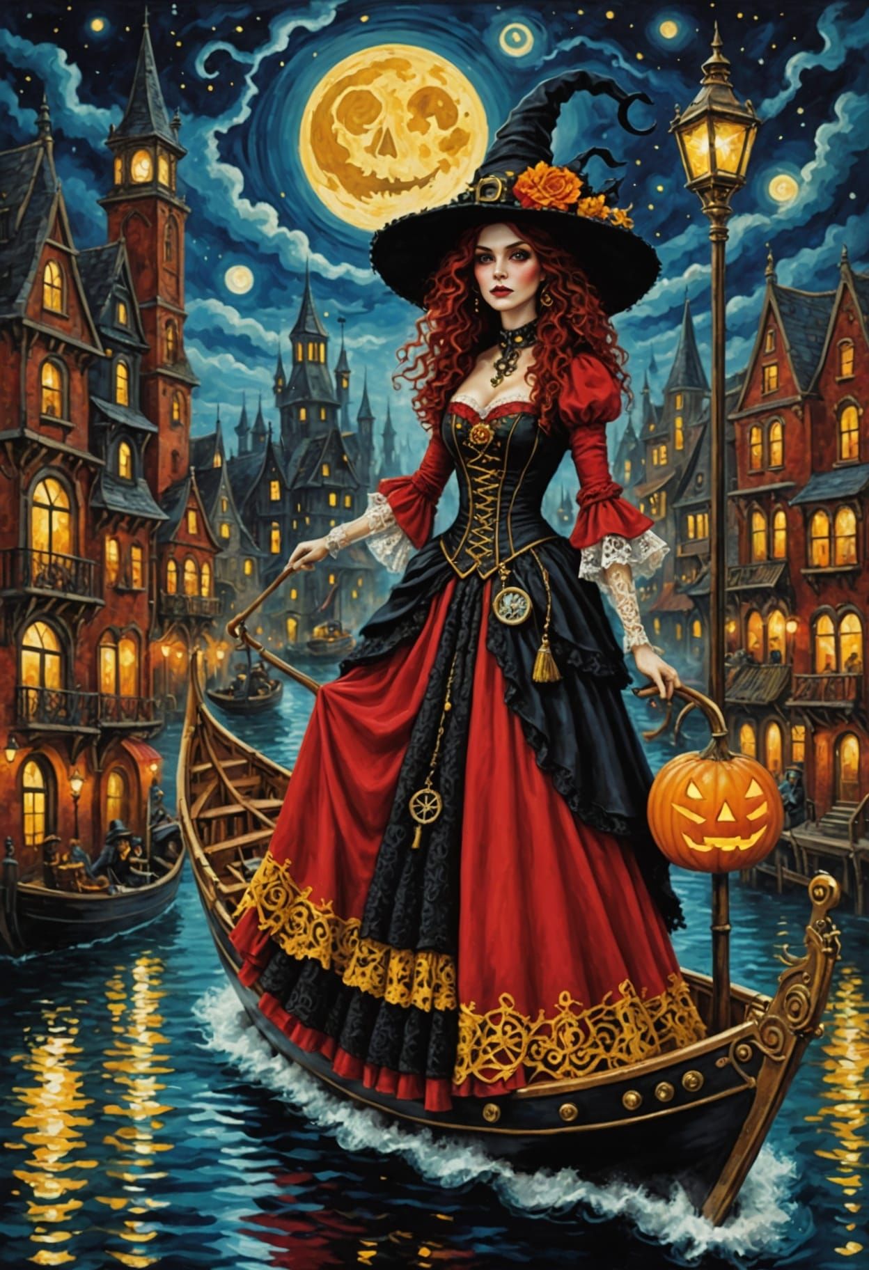 Steampunk Witch on Boat in Klimt Style