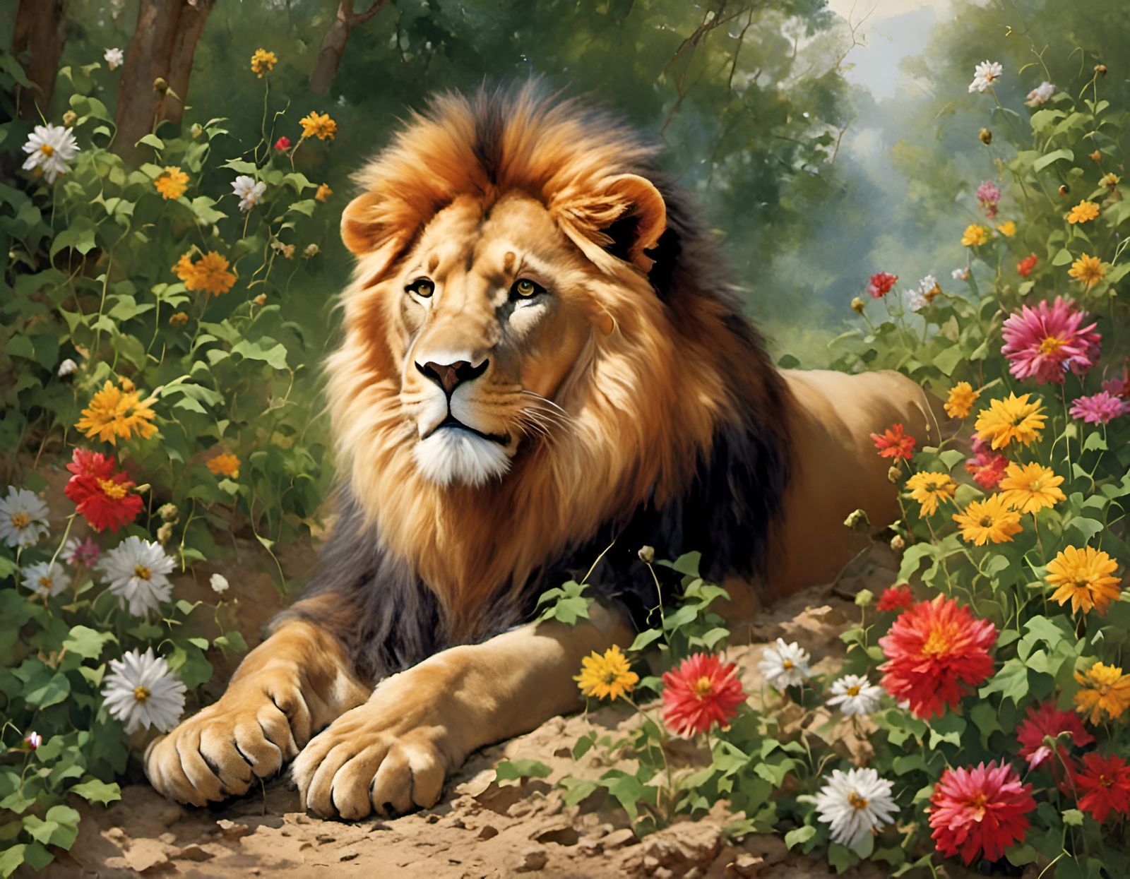 Lion In The Flowers - AI Generated Artwork - NightCafe Creator