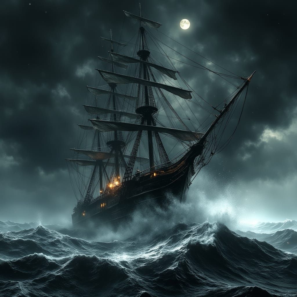 Stormy Sea Ship in Gigeresque Biomechanical Style