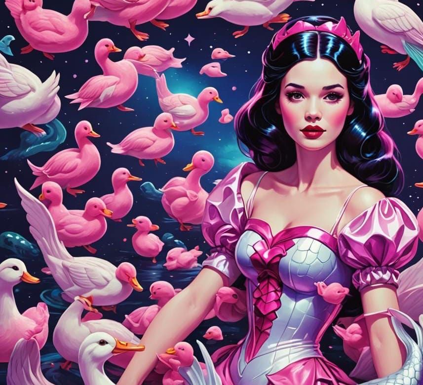Snow White space mermaid with pink ducks
