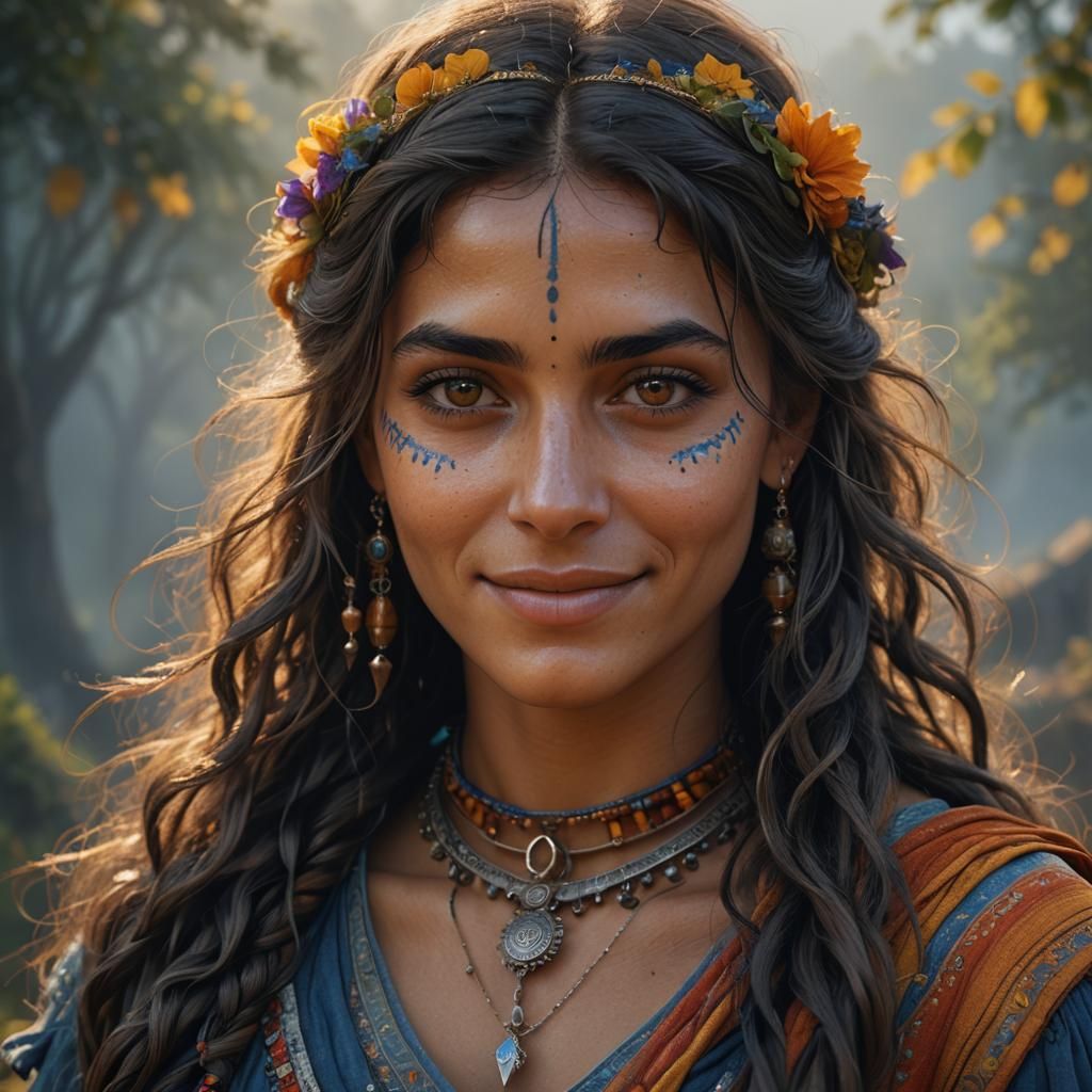 Photorealistic Portrait of beatiful stunning gypsy Girl, alabastre Skin, rich Hair, deep Eyes, little Smile, magic Lanscape, waiting for Her...