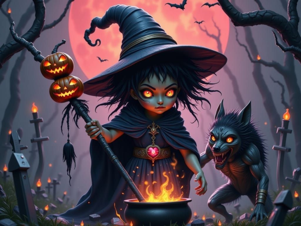 Terrifying Baby Witch in Misty Graveyard