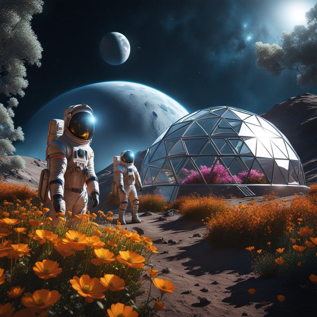 A horses spacesuits tending to the flowers in a geodesic dom...