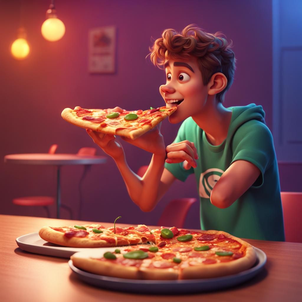 young guy eating pizza