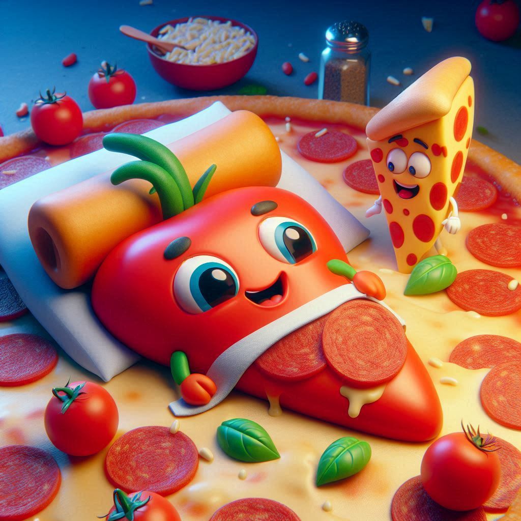 cute slice of tomato that is lying on a bed  pizza with chee...