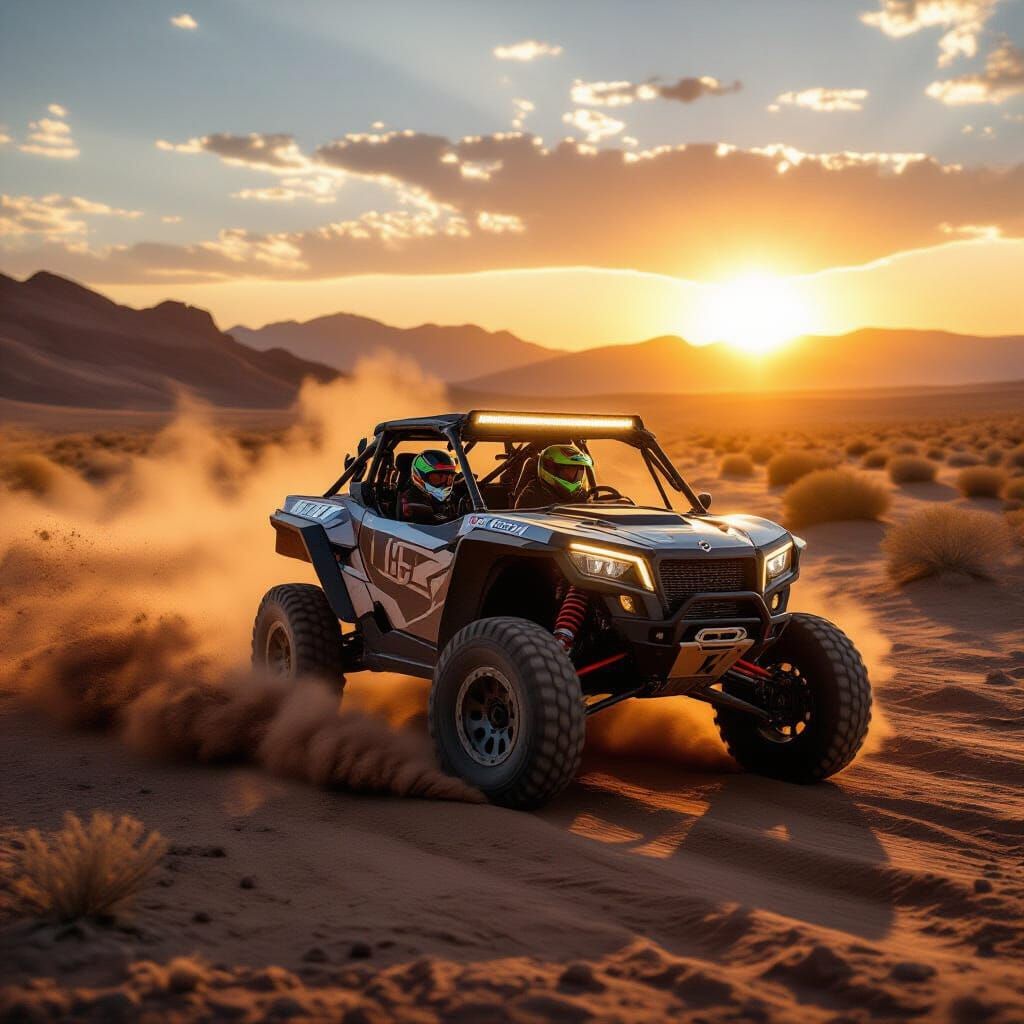 Gleaming Off-Road Vehicle Drifting in Desert Sunset