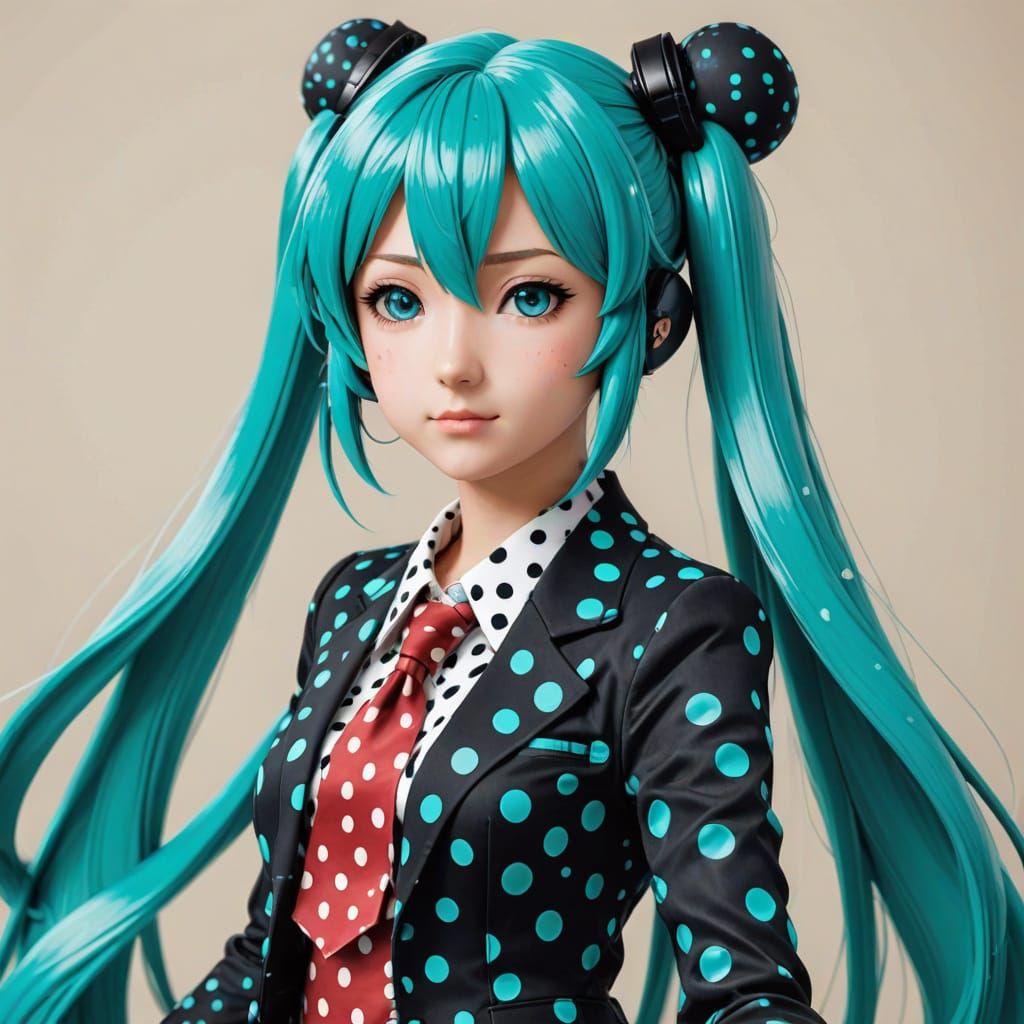 Hatsune Miku wearing a polka dot outfit.  by @Helvetica_