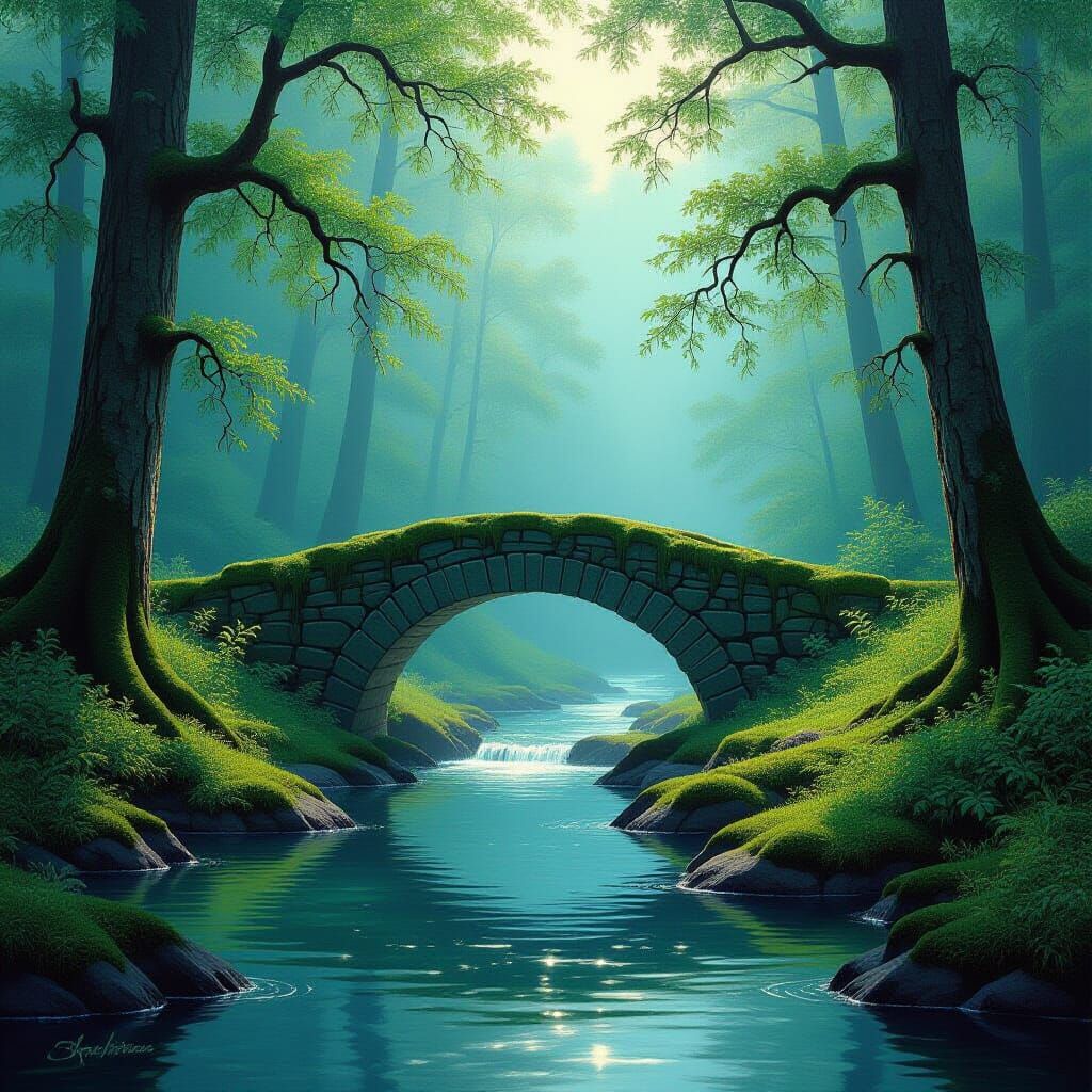 A serene forest clearing bathed in soft, ethereal light, with a gentle river flowing under an ancient, moss-covered stone bridge. The atmosp...