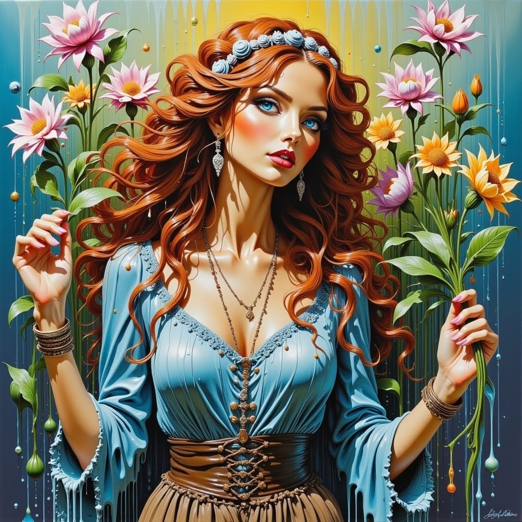<lora:Acrylic Pouring Flux:1.0> pretty hippie woman,, blue eyes, ginger curly hair, a headband, flower pattern blue blouse and brown bell-bo...