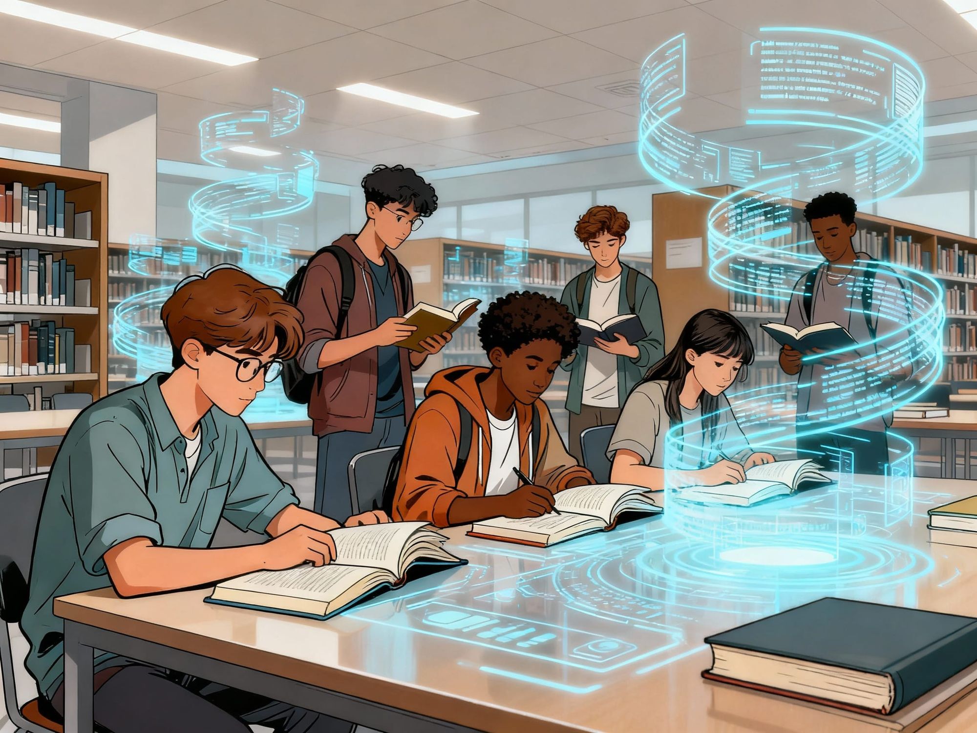 a futuristic, holographic library