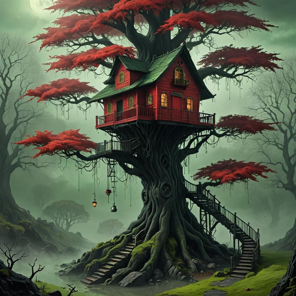 A Red Tree House, It has a balcony and it sets in a Black Tree, there is a green mist on the ground. ...  by @SethRichards