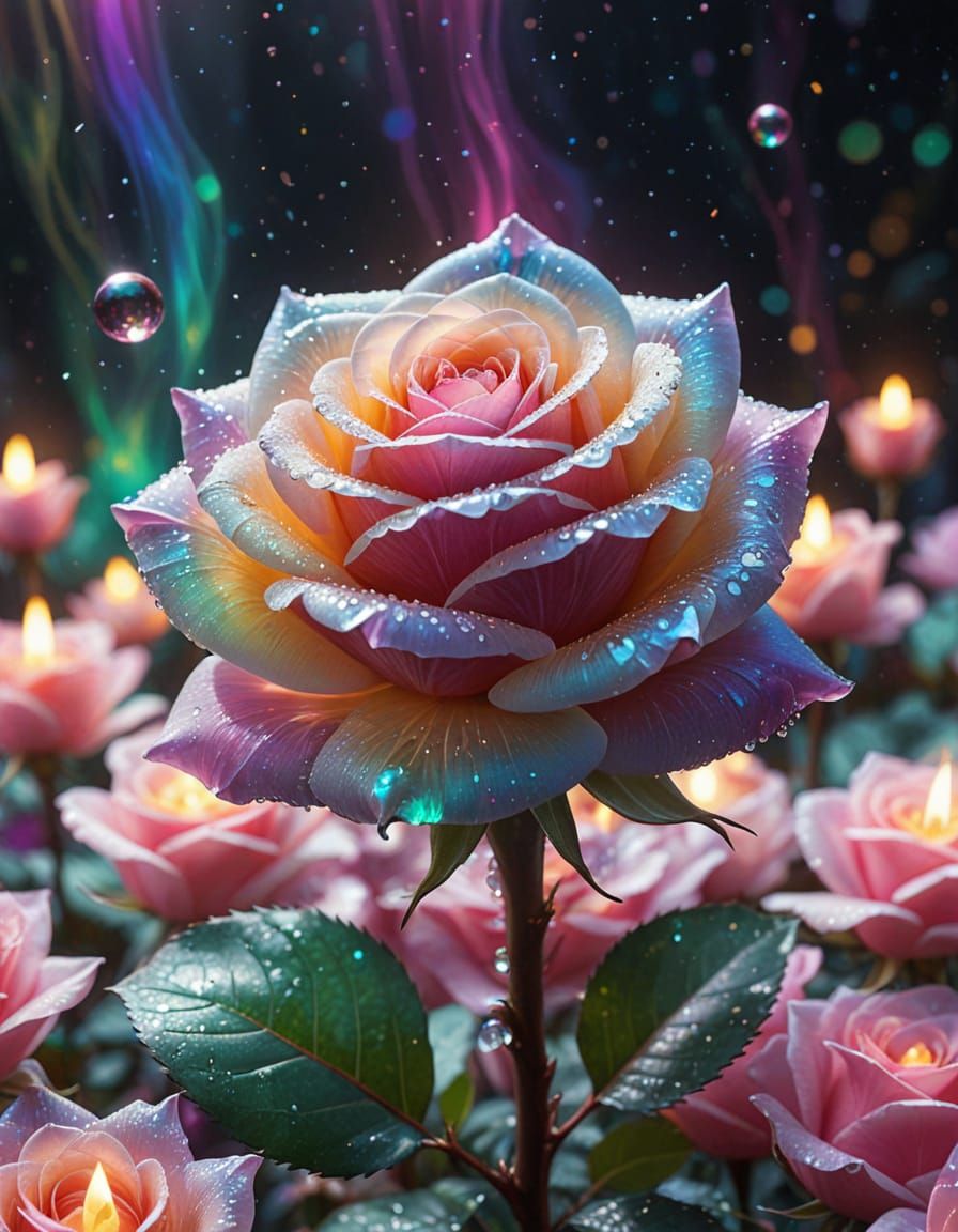 A luminous crystal rose made of rainbow quartz, petals shift colors like the northern lights, surrounded by floating light orbs, celestial s...
