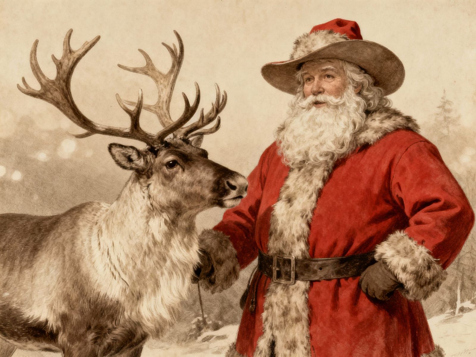 A vintage Santa Claus standing next to a reindeer, from the 1820s. Old fashion looking.  by @Zs Art Collection
