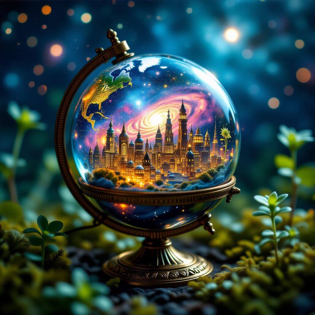Miniature World in Steampunk Globe, Digital Art